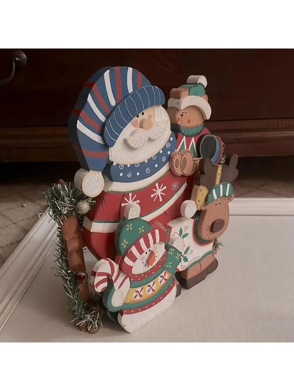 Vintage wooden 3D Santa and friends tabletop decoration